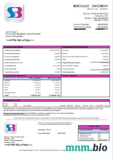 Bangladesz Bank SB wyciąg z kredytu hipotecznego szablon Word i PDF